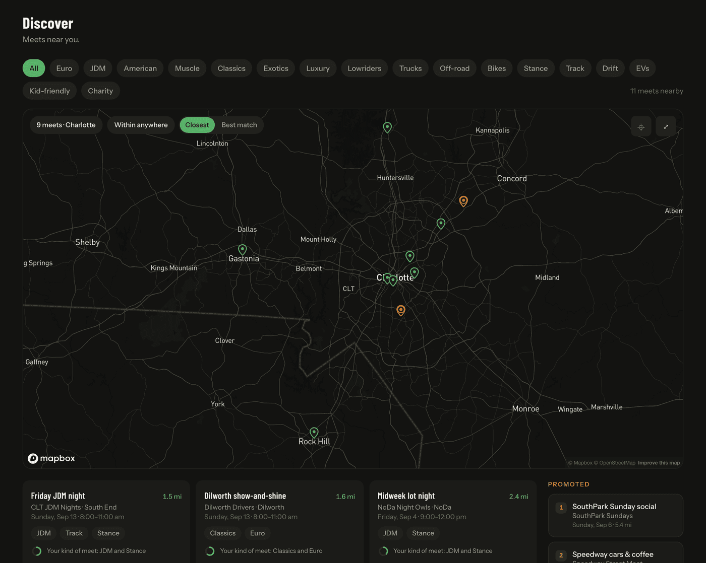 Discover, showing a map of nearby meets beside a list of meet cards