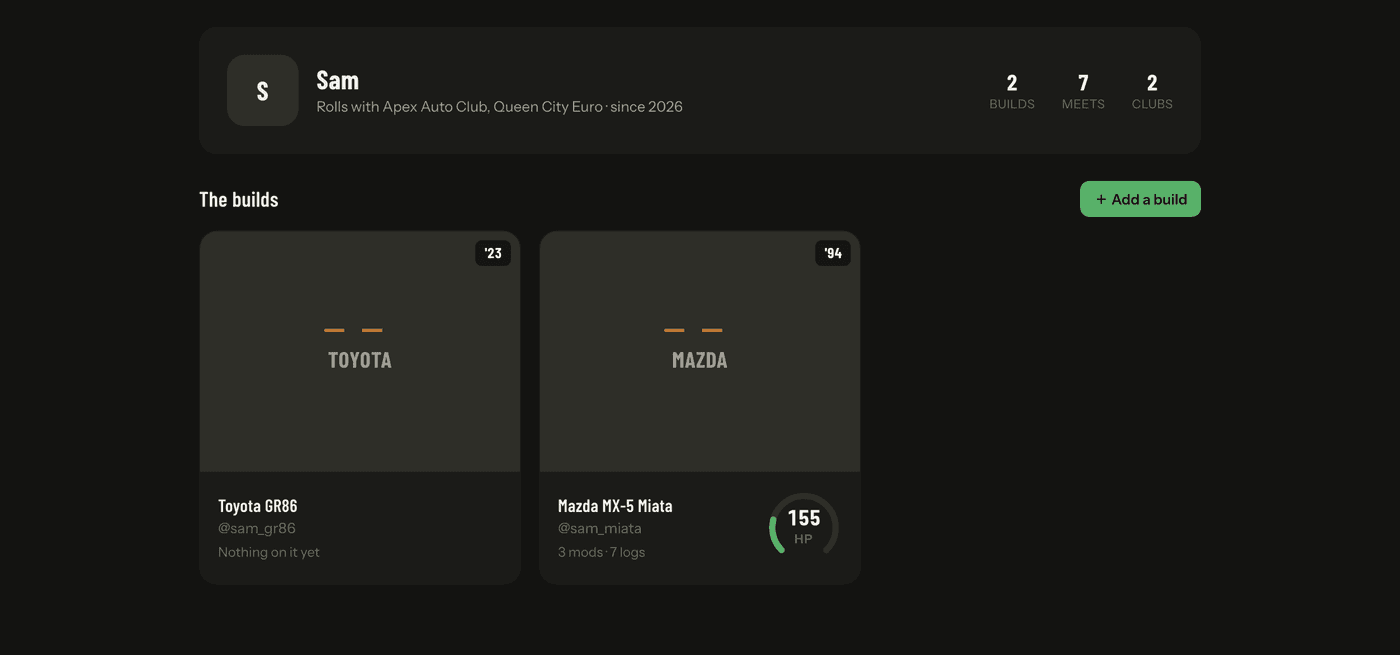 A garage page showing build cards with their specs