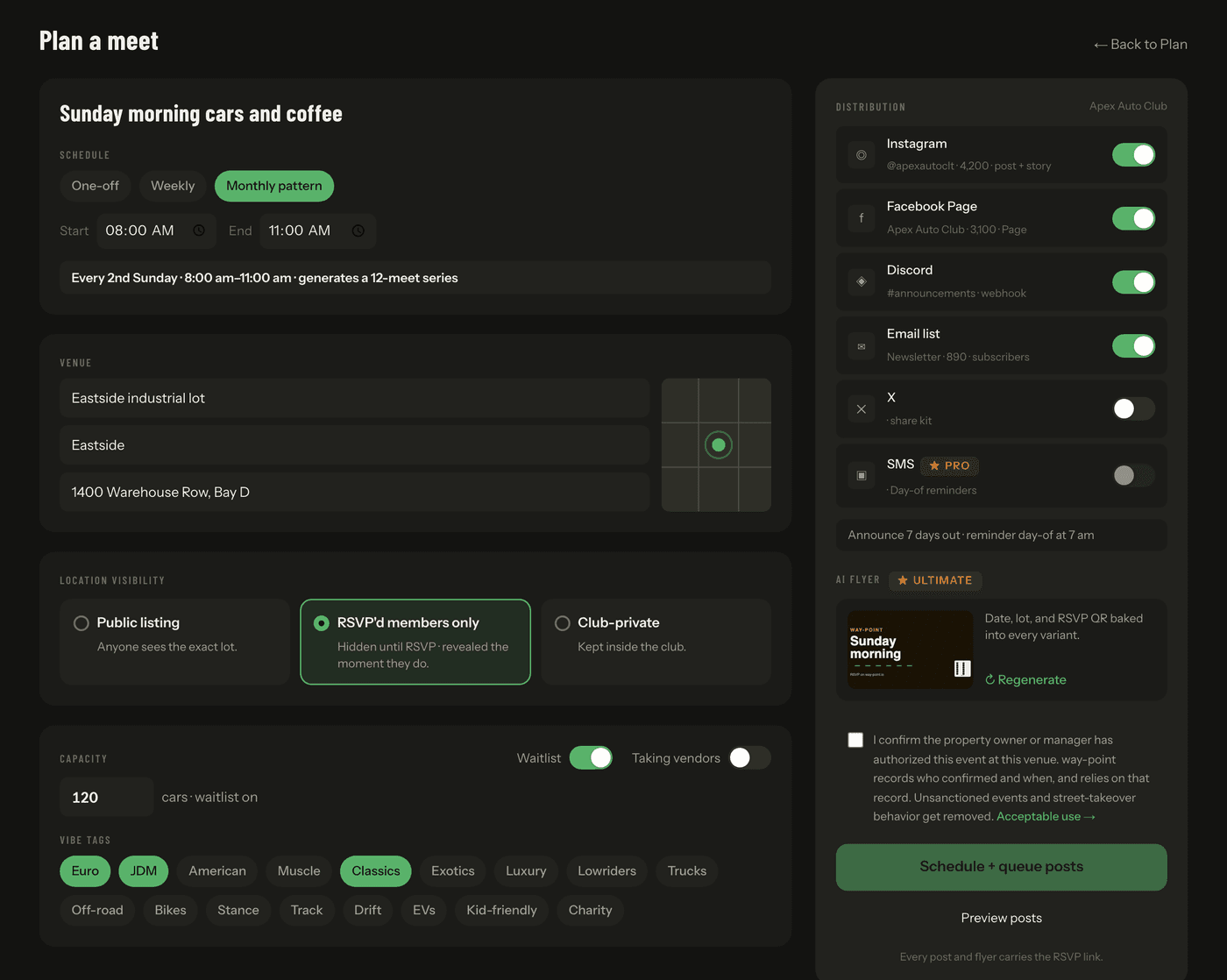 The meet composer: schedule pattern, venue, location visibility, capacity, and the distribution panel