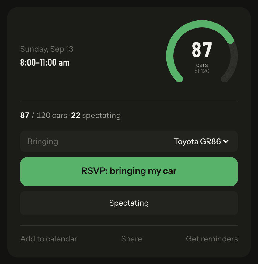 The RSVP panel: a capacity gauge, a car picker, and the RSVP and Spectating buttons